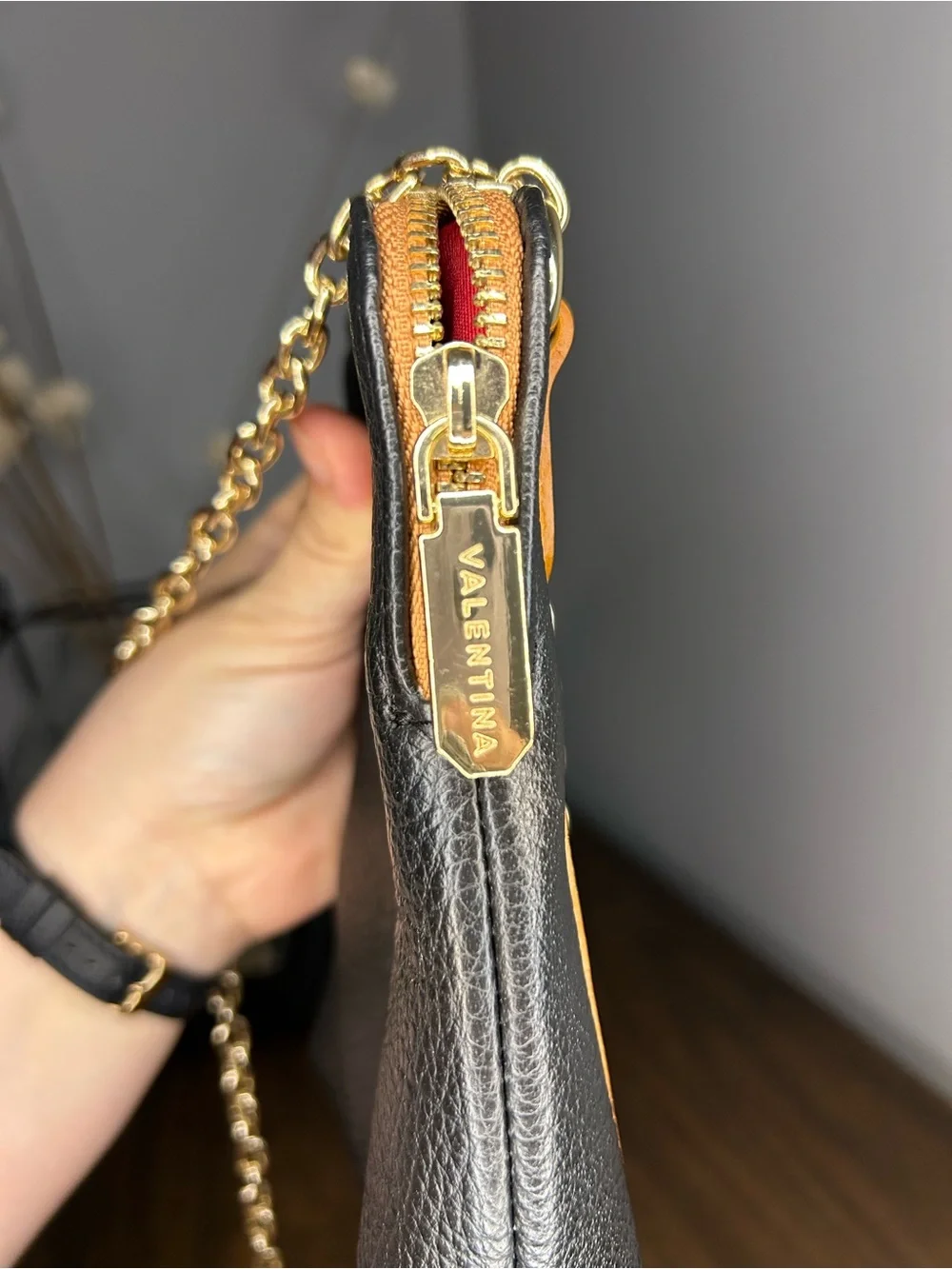 Valentina Black Pebbled Leather Gold Chain Small Crossbody Bag